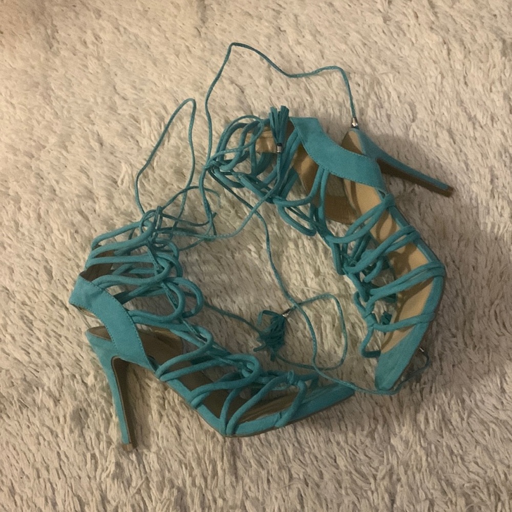 Aqua Strappy Tie Leg Heel Sandals